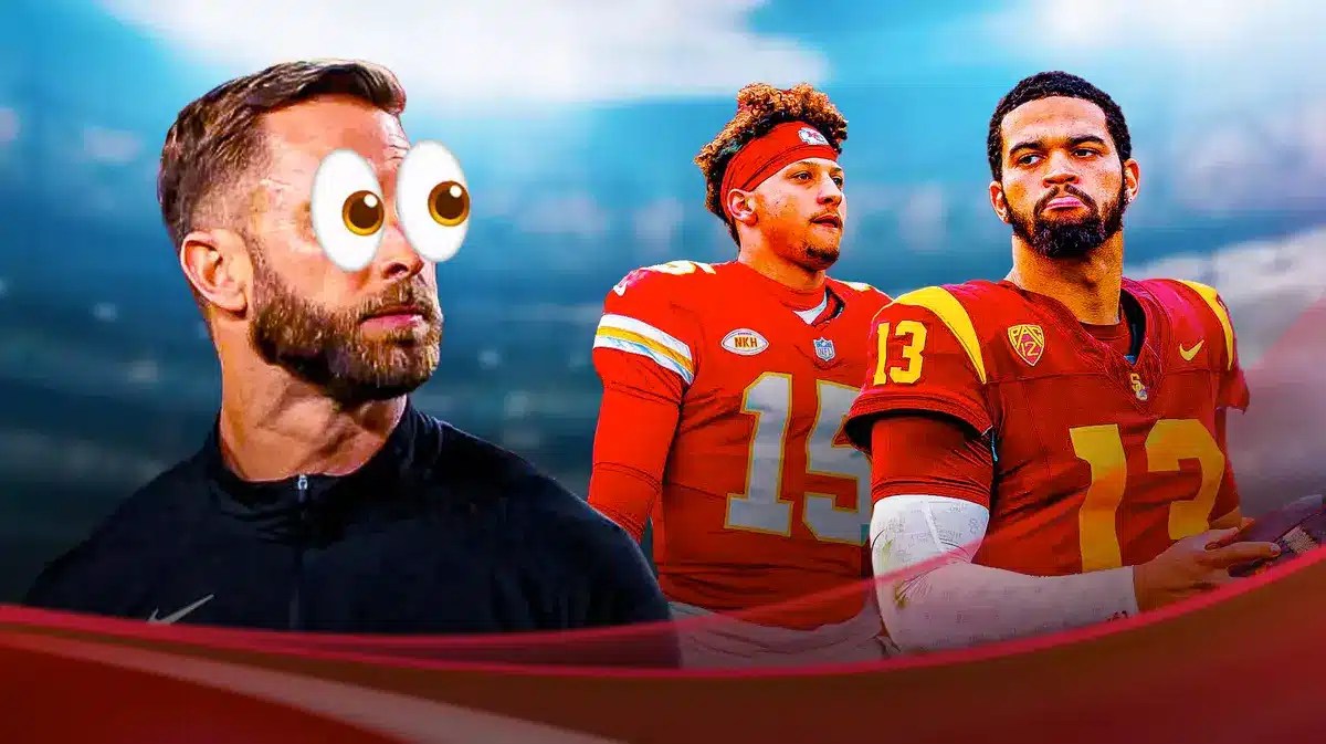 Kliff Kingsbury with big emoji eyes. Caleb Williams. Patrick Mahomes