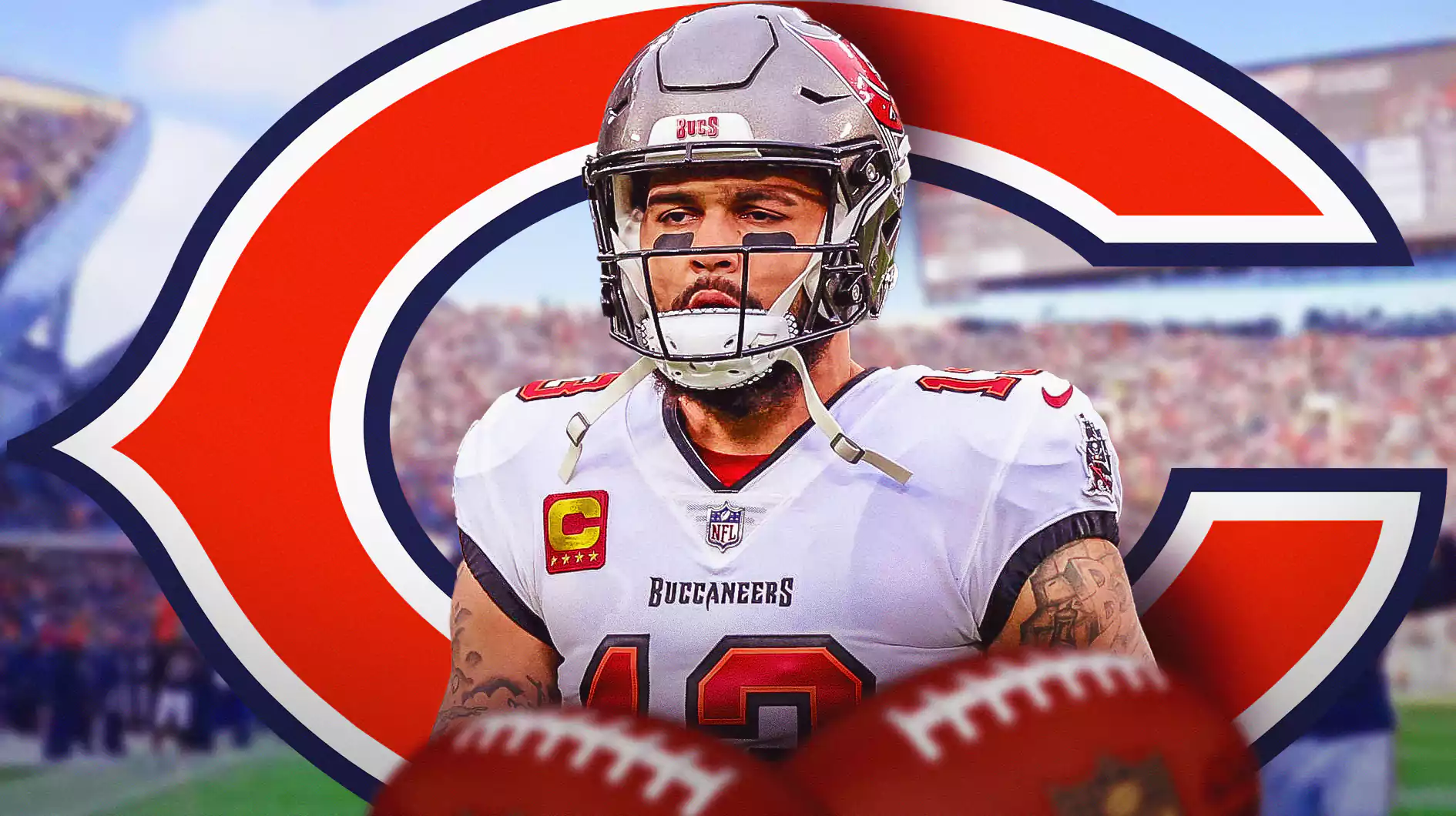 Mike Evans with the Bears logo and Solider Field behind him