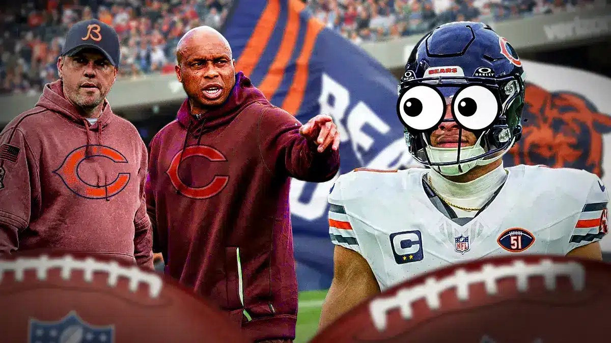 Justin Fields on one side with the big eyes emoji over his face, Shane Waldron and Kerry Joseph on the other side in Chicago Bears gear