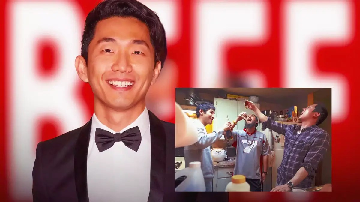 Lee Sung Jin with a scene from Beef.