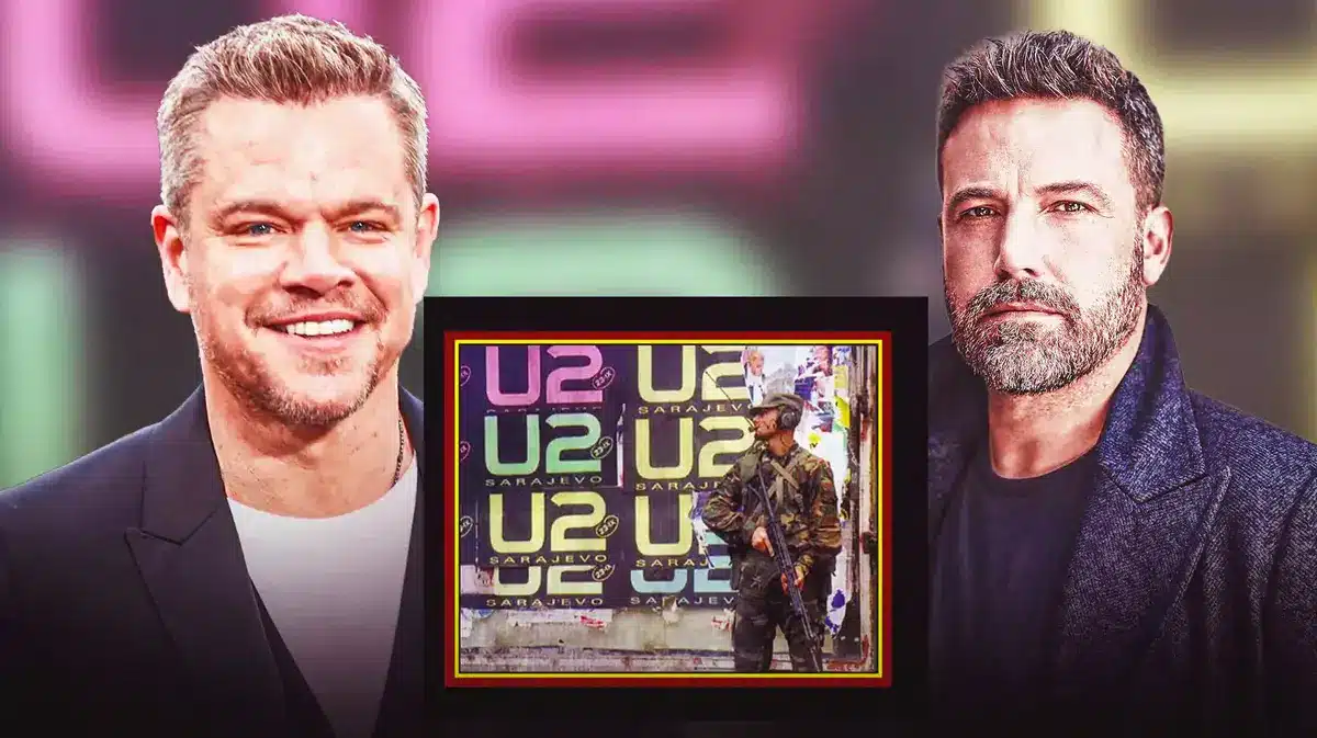 Matt Damon and Ben Affleck; soldier in front of U2 posters