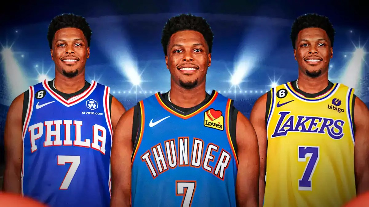 Former Heat player and current Hornets guard Kyle Lowry in a Sixers, Thunder, and Lakers jersey