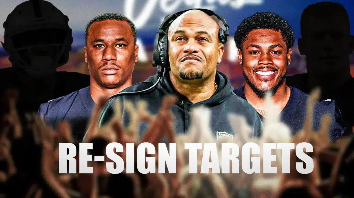 Coach Antonio Pierce, Marcus Peters, Josh Jacobs beside each other, Two mystery players around them, and Las Vegas Raiders wallpaper in the background.