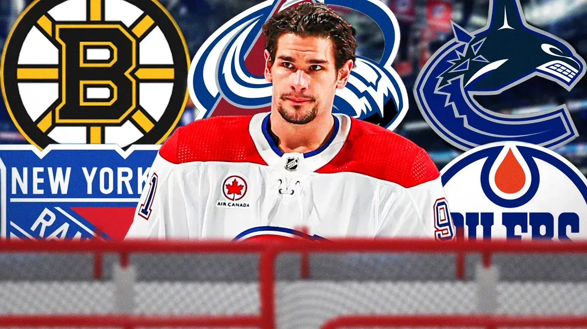 Sean Monahan in middle of image looking stern, these logos around him: Boston Bruins, Colorado Avalanche, Vancouver Canucks, New York Rangers, Edmonton Oilers, hockey rink in background