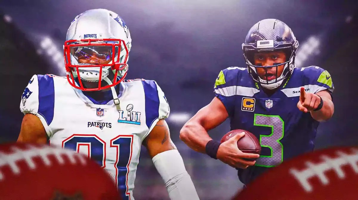 Malcolm Butler in a Patriots uniform. Russell Wilson in a Seahawks uniform