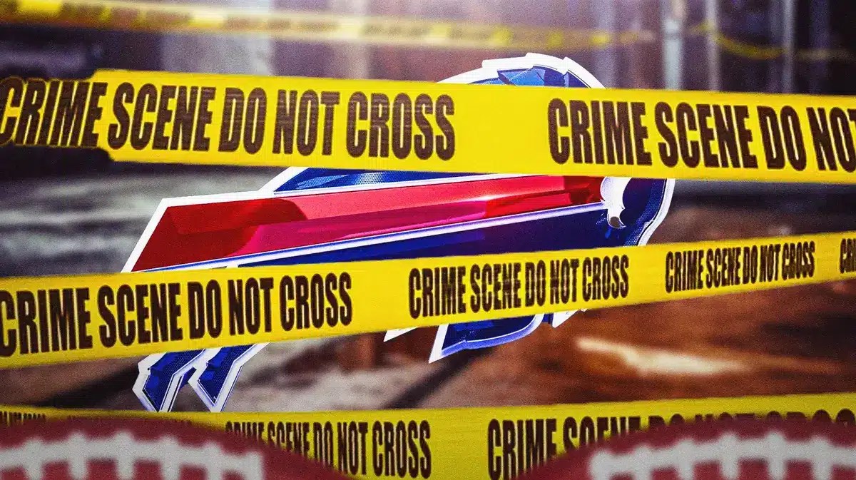 Police tape in front of a Buffalo Bills logo