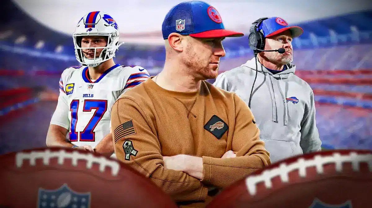 Buffalo Bills interim offensive coordinator Joe Brady with Josh Allen and Sean McDermott