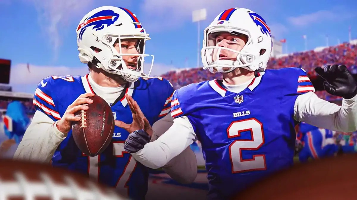 Bills star Josh Allen consoling kicker Tyler Bass.