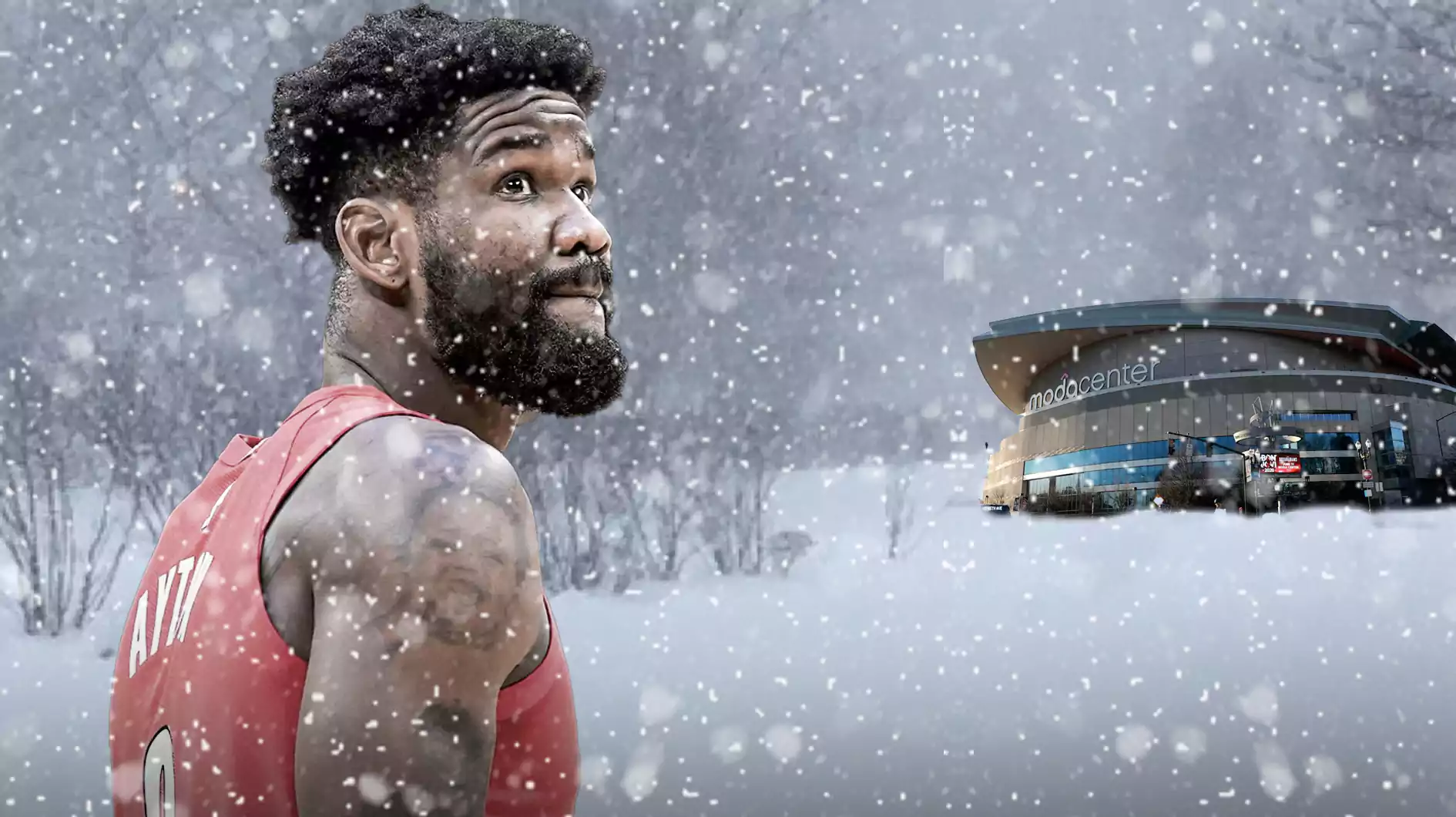 Deandre Ayton in a snowstorm with the Blazers arena in the distance
