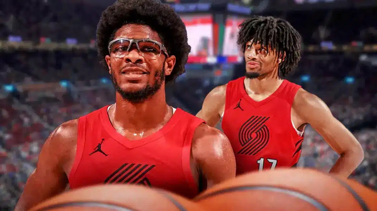 Blazers guards Scoot Henderson and Shaedon Sharpe smiling