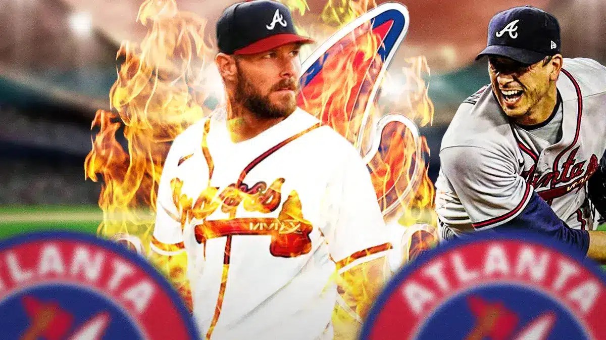 Chris Sale in middle of image with fire around him looking happy, Charlie Morton on one side looking at him and looking impressed, ATL Braves logo in image, baseball field in background