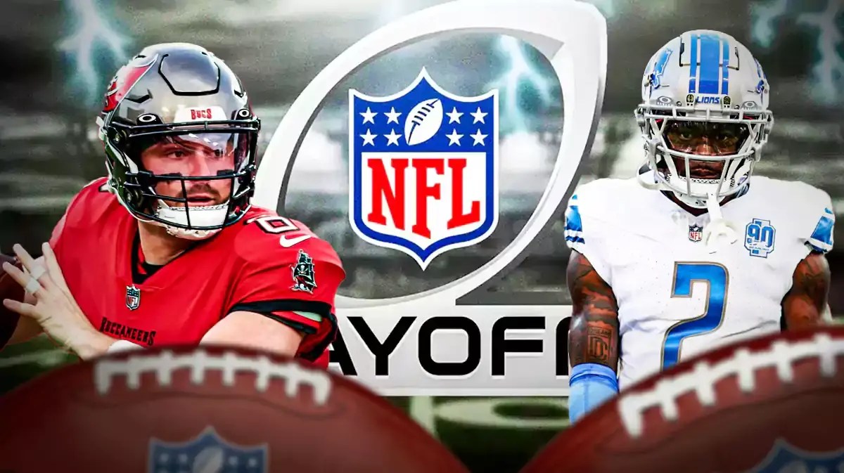 Photo: Baker Mayfield (Bucs) and CJ Gardner-Johnson (Lions) with NFL playoff logo behind them