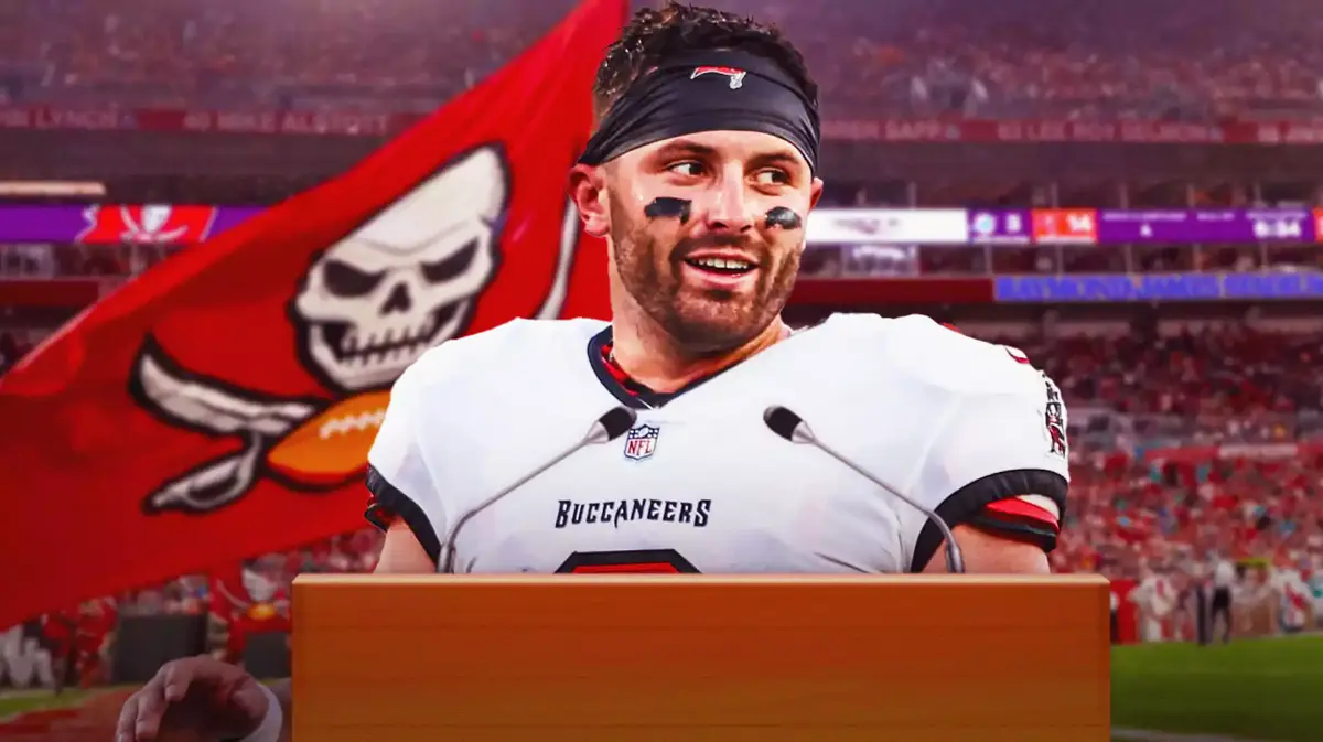 Buccaneers quarterback Baker Mayfield at the podium