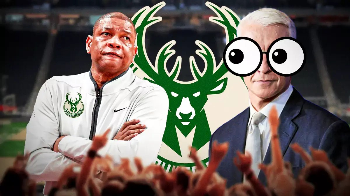 CNN's Anderson Cooper with emoji eyes in his eyes looking at Bucks Doc Rivers in front of a Bucks logo