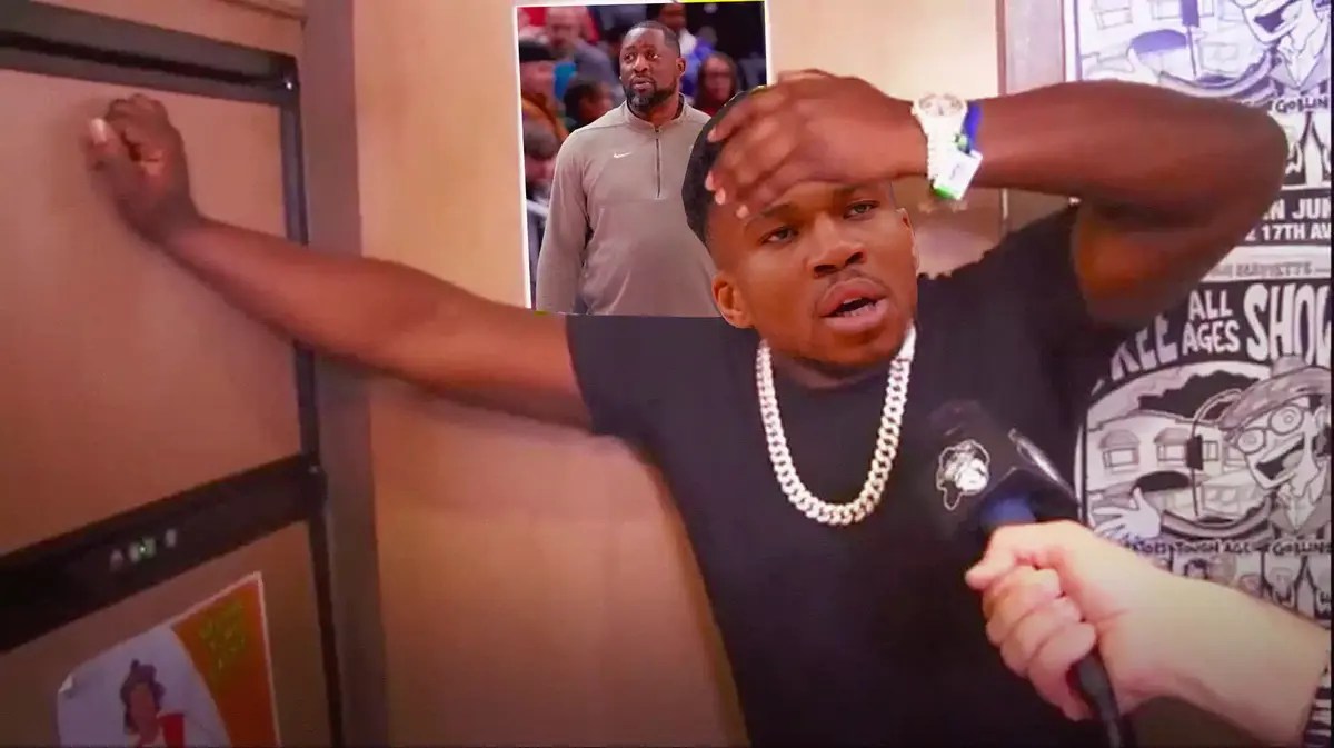 Giannis Antetokounmpo (Bucks) as a man getting interviewed