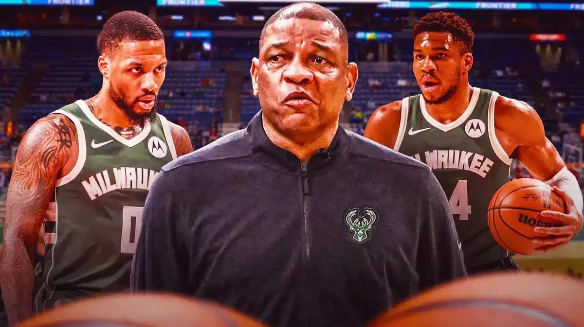 Bucks new head coach Doc Rivers next to Damian Lillard, Giannis Antetokounmpo