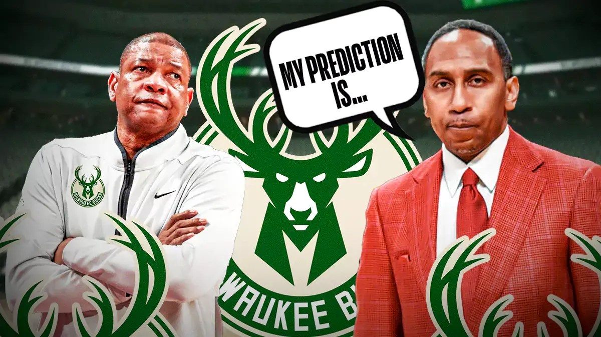 Stephen A. Smith saying the following: My prediction is… Have him next to Doc Rivers. Have Rivers wearing Milwaukee Bucks gear. Milwaukee Bucks logo in background.