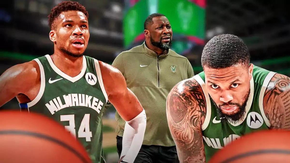 Bucks coach Adrian Griffin with Giannis Antetokounmpo and Damian Lillard looking.