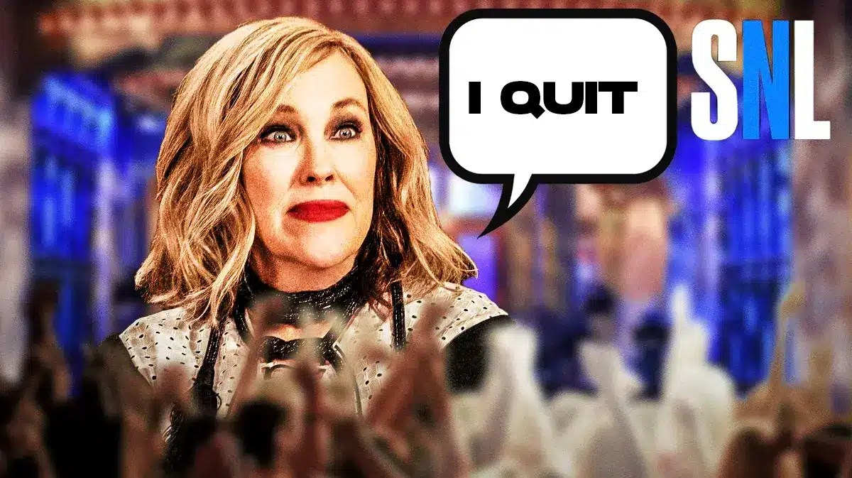 Catherine O'Hara with a text bubble saying I quit and the SNL logo