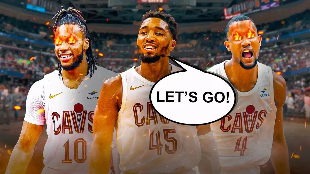 Darius Garland, Evan Mobley with fire in their eyes. Donovan Mitchell with speech balloon that says, LET’S GO!