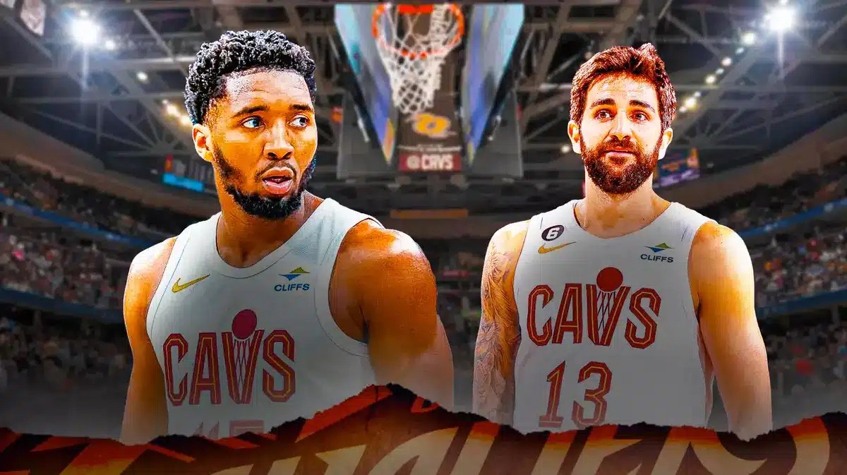 Cleveland Cavaliers stars Donovan Mitchell and Ricky Rubio in front of Rocket Mortgage FieldHouse.