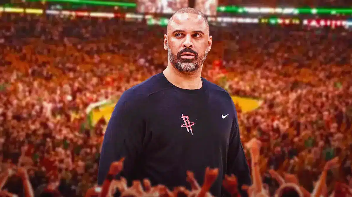 Ime Udoka (ROCKETS head coach) with TD Garden (Celtics home court) crowd in the background