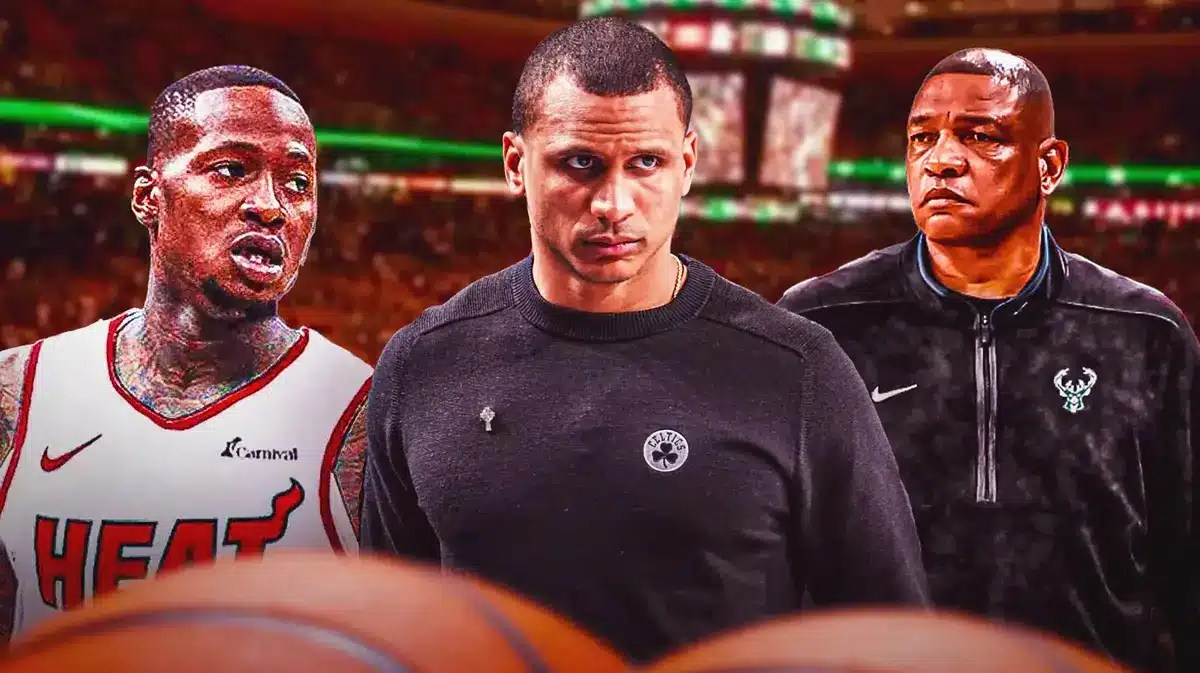 Boston Celtics HC Joe Mazzulla and new Bucks coach Doc Rivers with Heat guard Terry Rozier.