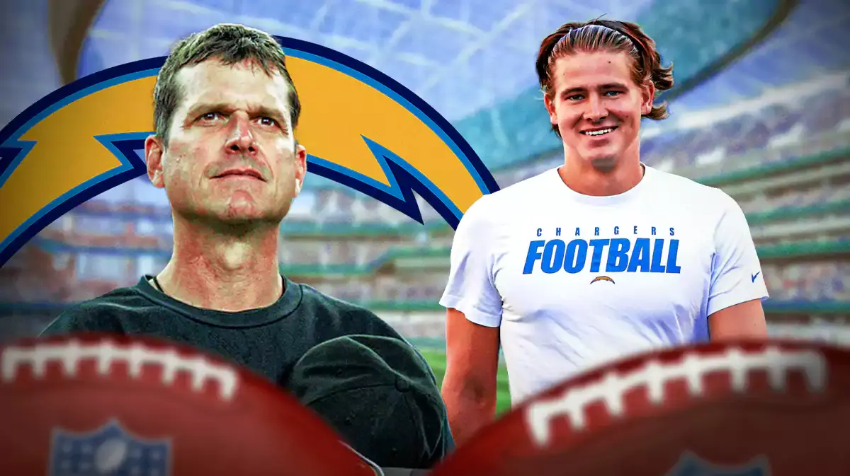 Jim Harbaugh with a Chargers logo and Justin Herbert looking excited.