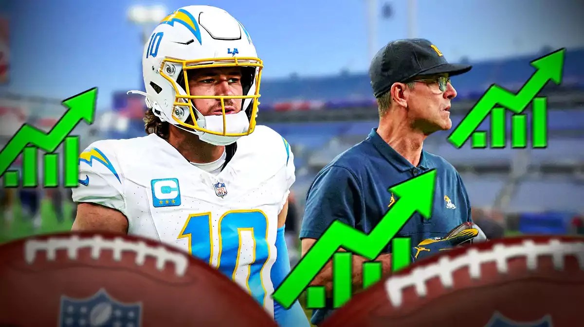 Jim Harbaugh and Chargers QB Justin herbert.