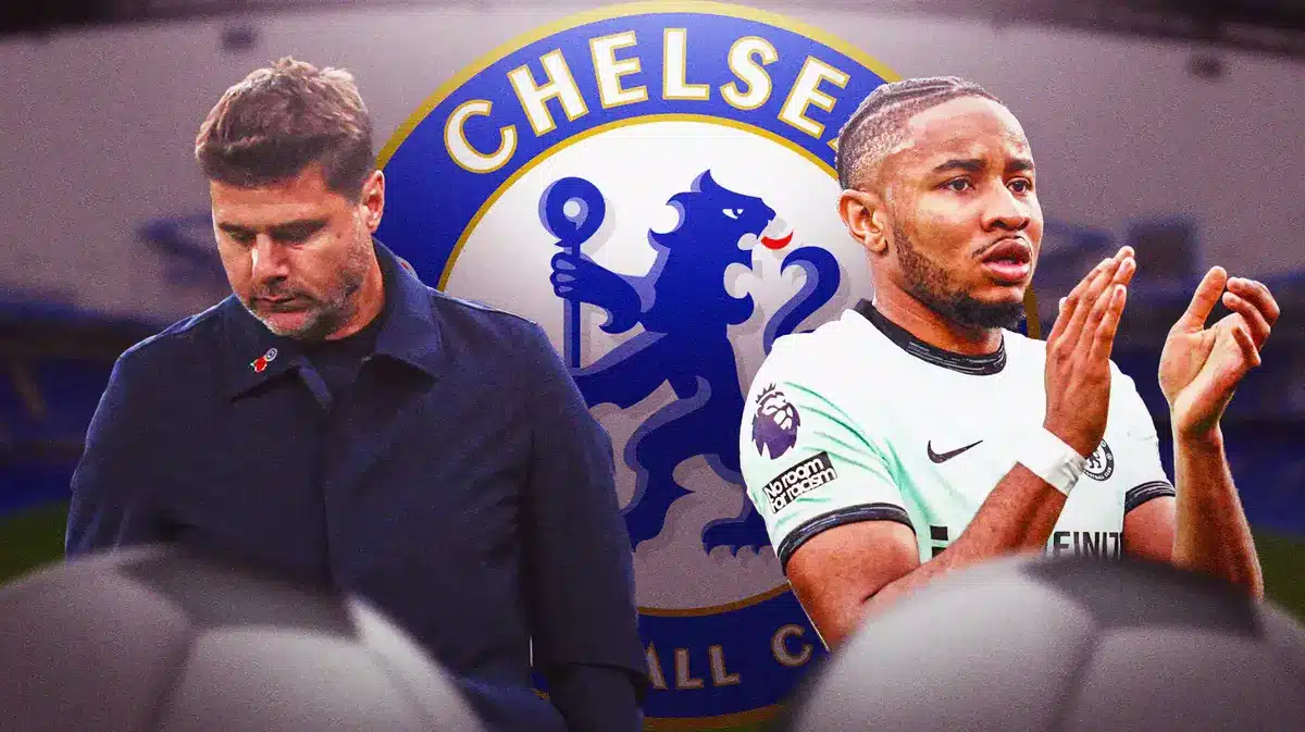 Christopher Nkunku and Mauricio Pochettino in front of the Chelsea logo