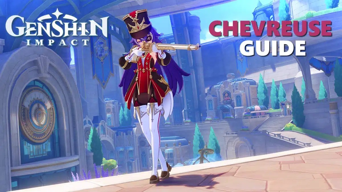 chevreuse build, chevreuse genshin impact, chevreuse, chevreuse weapon, chevreuse artifacts, an in-game screenshot of Chevreuse with the Genshin Impact logo in one corner and the words Chevreuse Guide in the other