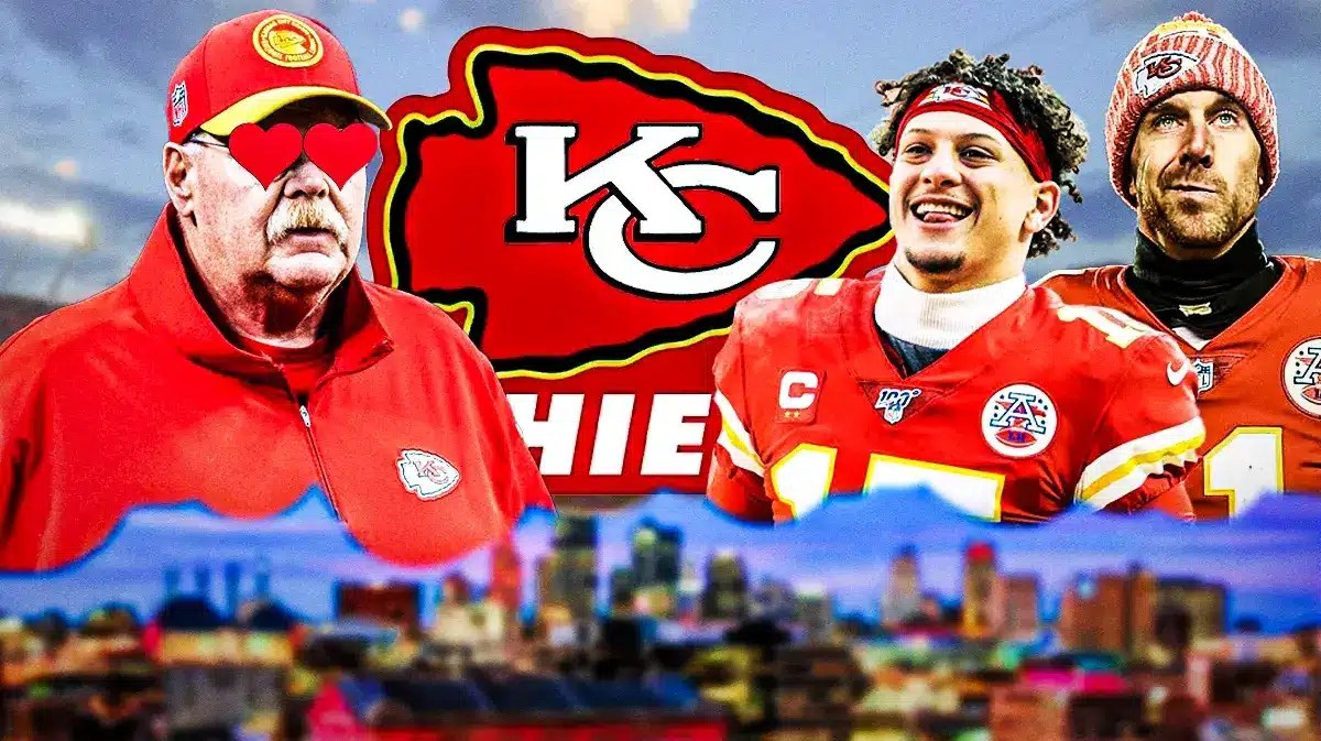 Chiefs Andy Reid with hearts in his eyes looking at Chiefs Patrick Mahomes and Alex Smith in front of a Chiefs logo at Arrowhead Stadium