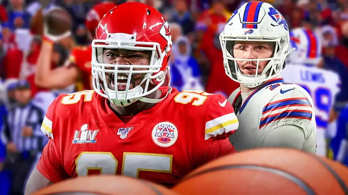 Kansas City Chiefs star Chris Jones and Buffalo Bills star Josh Allen in front of Highmark Stadium.