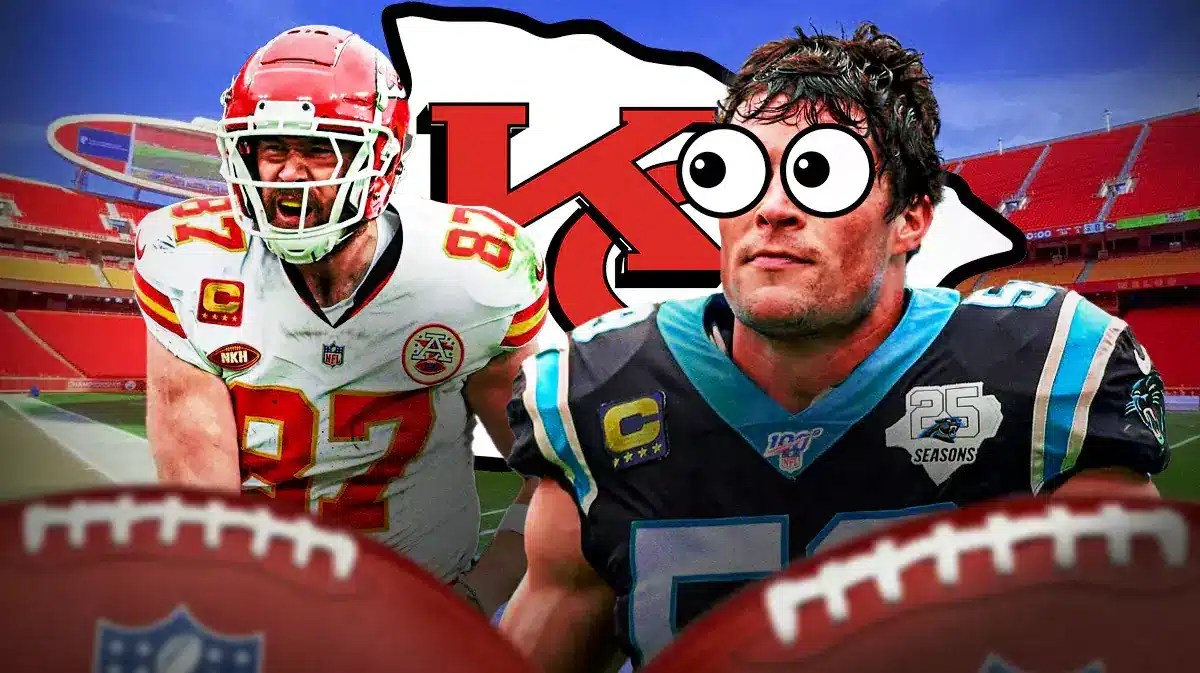 Chiefs Travis Kelce next to Panthers Luke Kuechly with emojis eyes at Arrowhead Stadium