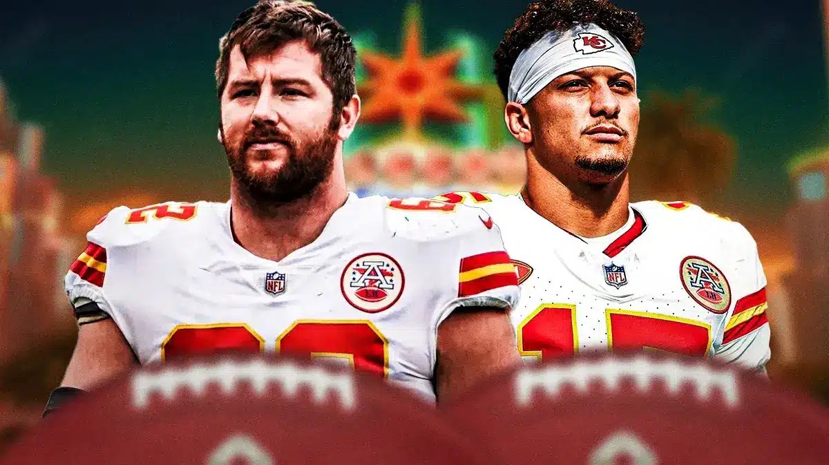 Kansas City Chiefs guard Joe Thuney and quarterback Patrick Mahomes with Las Vegas in the background