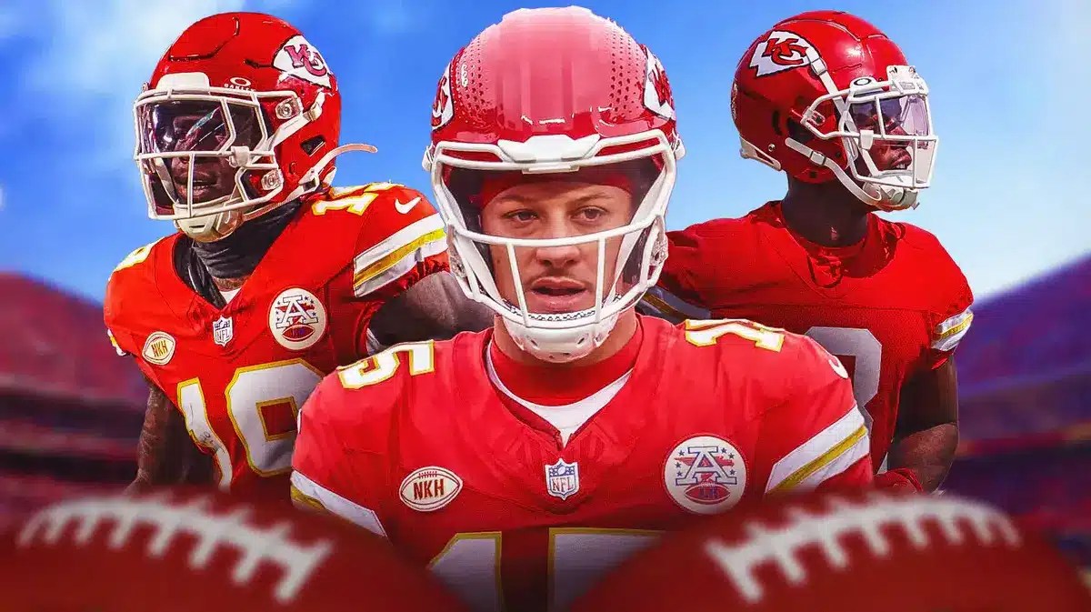 Kansas City Chiefs quarterback Patrick Mahomes with receivers Kadarius Toney and Justyn Ross