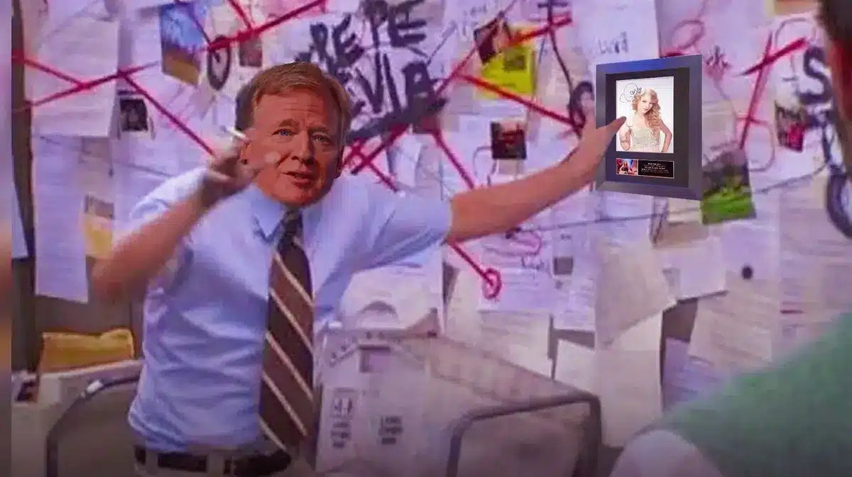 Please photoshop NFL commissioner Roger Goodell’s head onto the meme of Charlie from It’s Always Sunny in Philadelphia and please place of framed photo of Taylor Swift on the image’s wall, so it looks like Goodell is referencing her. Thanks.