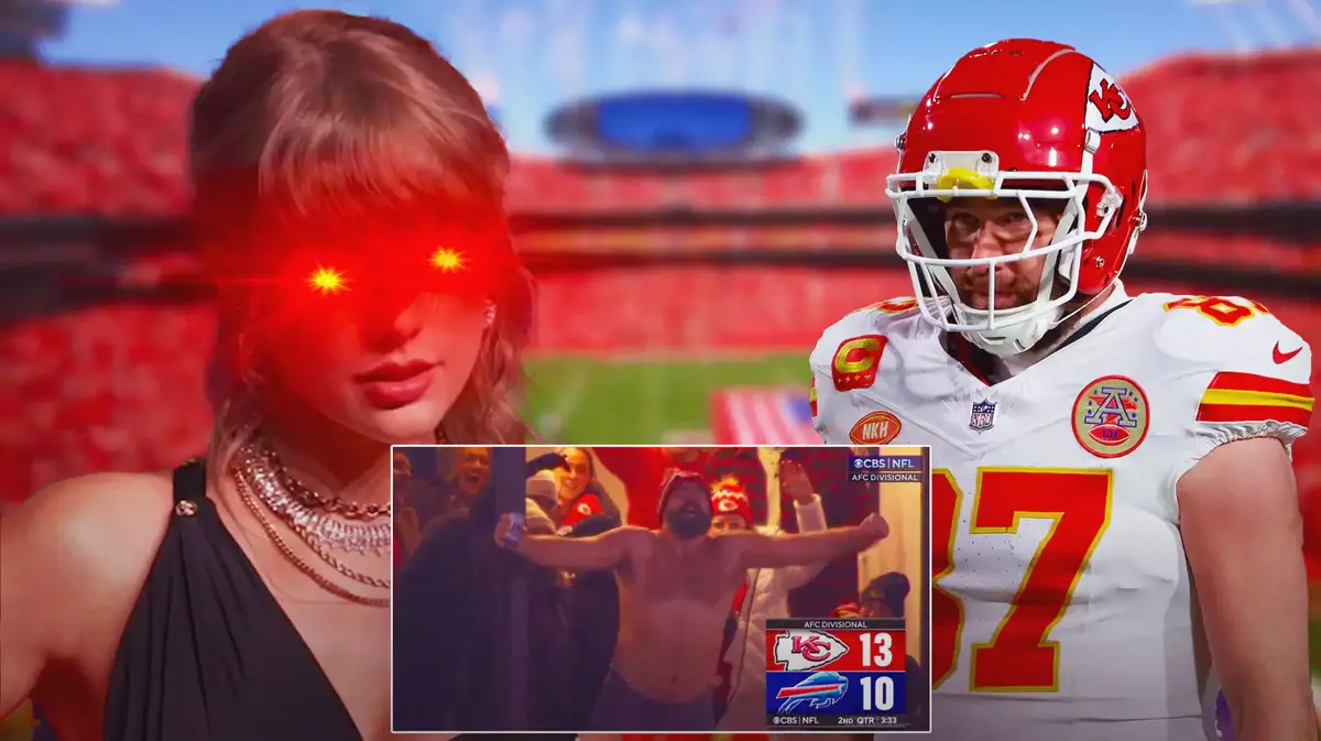 Taylor Swift with laser eyes and Travis Kelce (Chiefs)