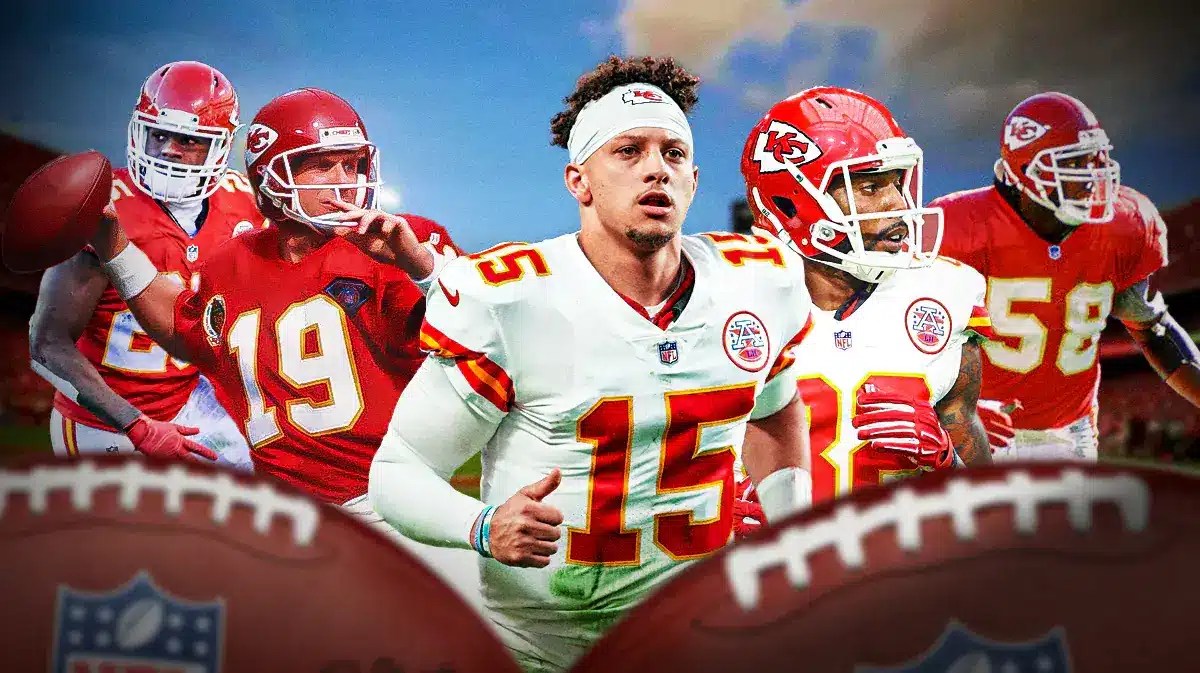 Patrick Mahomes, Priest Holmes, Dwayne Bowe, Derrick Thomas, Joe Montana, Jamaal Charles all together in Chiefs gear/jerseys.