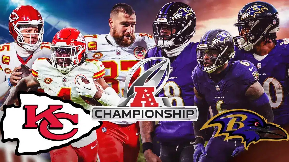 Patrick Mahomes, Travis Kelce, Rashee Rice, Chiefs logo vs. Lamar Jackson, Patrick Queen, Isaiah Likely, Ravens logo. AFC Championship Game logo front and center.