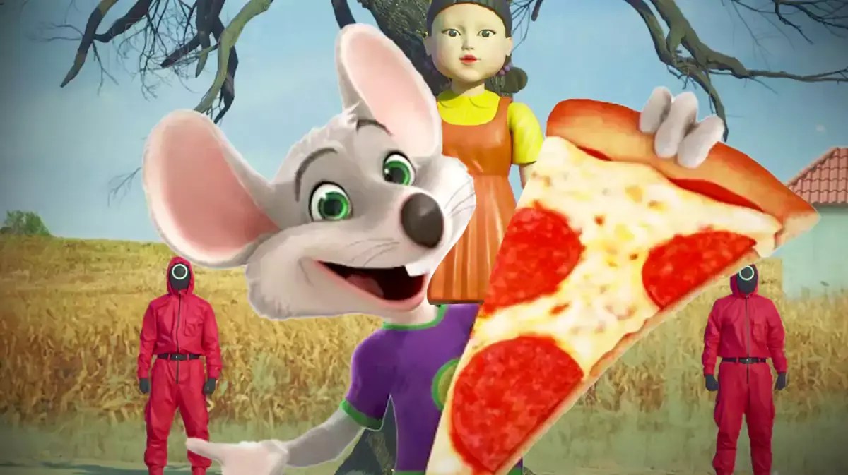 Chuck E. Cheese with a Squid Game background.