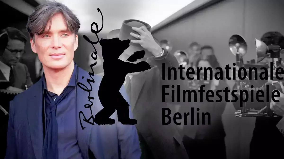 Cillian Murphy next to Berlin Film Festival (Berlinale) logo and Oppenheimer background.