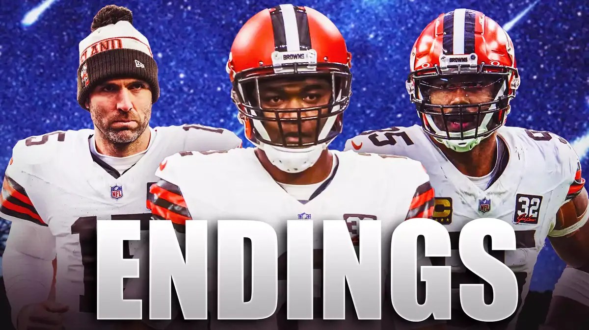 Joe Flacco, Amari Cooper, Devin Singletary all beside each other with meteors in the background.