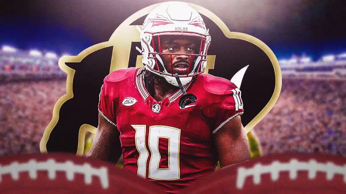 Florida State’s DJ Lundy in front. Florida State football, Colorado football logos in background.