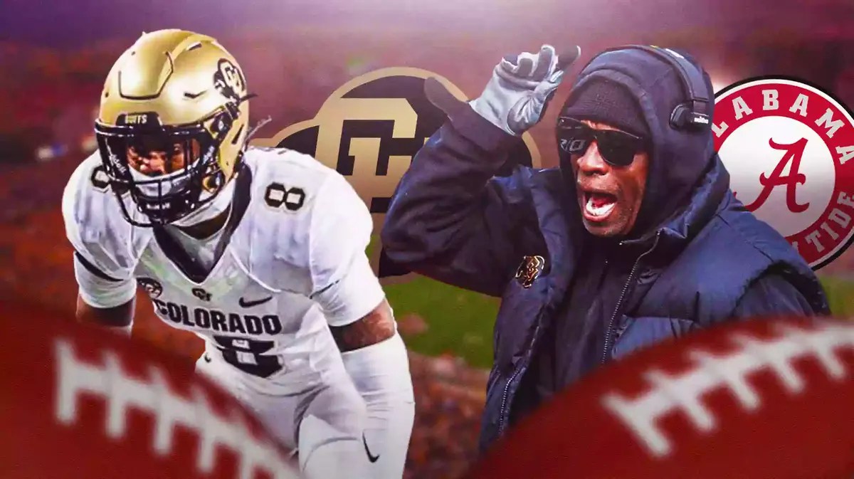 Photo: Jahquez Robinson in Colorado uniform with Deion Sanders next to him, Colorado and Alabama logo in the back