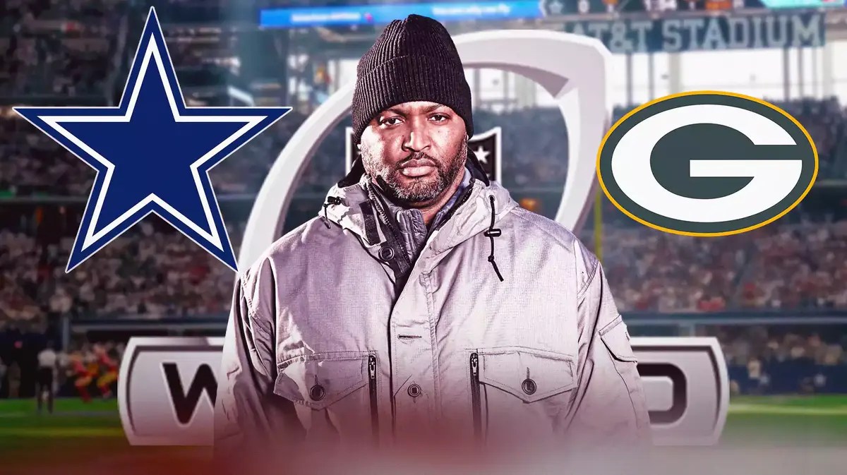 Dez Bryant in front. Dallas Cowboys and Green Bay Packers logos to the sides. NFL Wild Card logo at the back