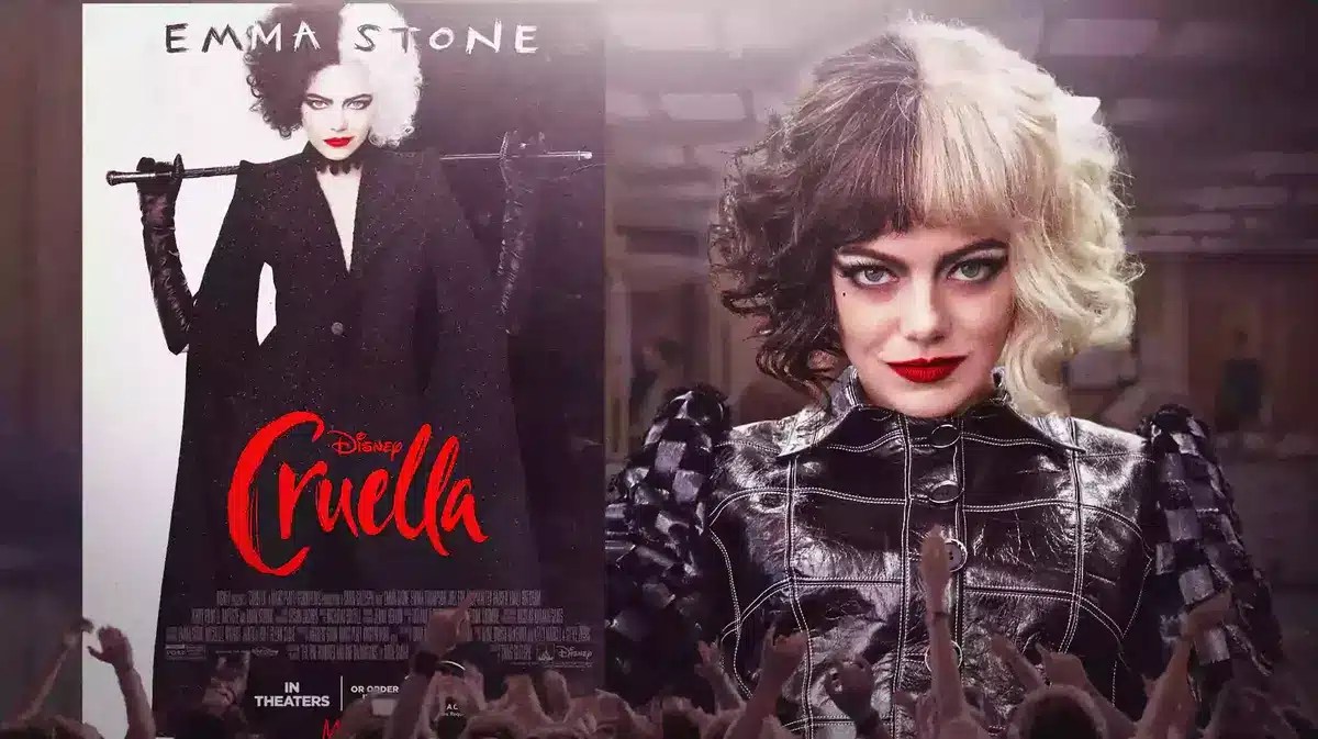 Cruella poster and Emma Stone.