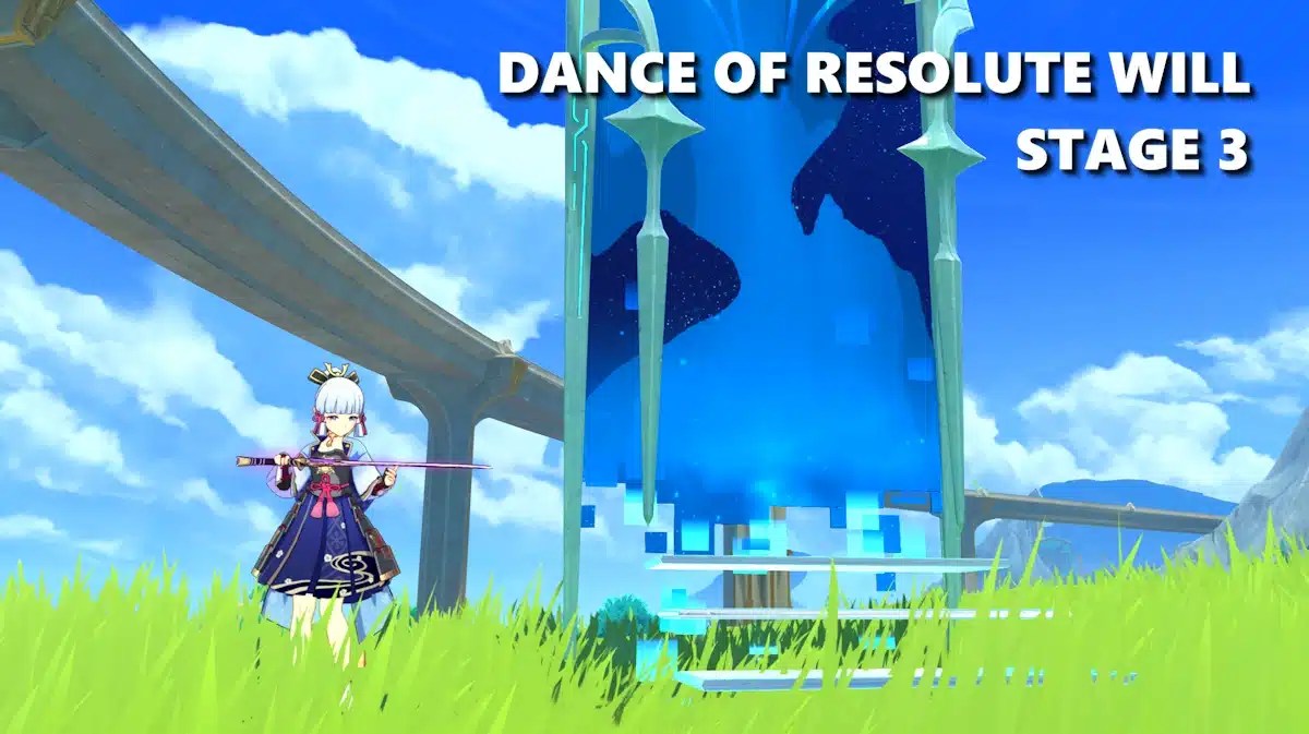 dance resolute will stage 3, dance resolute will guide, dance of resolute will, genshin impact event, genshin impact, a screenshot of Ayaka with the words dance of resolute will stage 3 in the corner