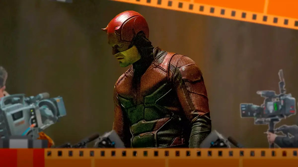 Charlie Cox's Daredevil with multiple film cameras pointing toward him.