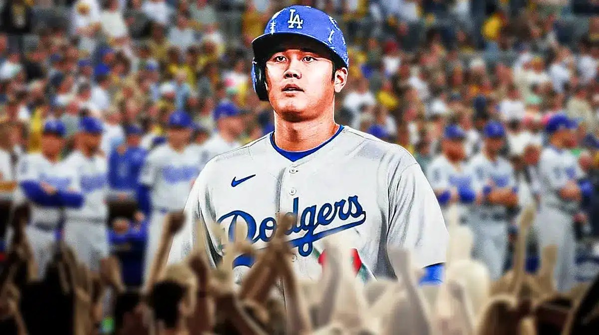 Dodgers players including Shohei Ohtani in front of fans.